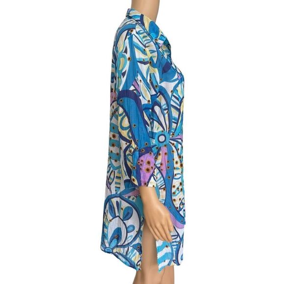 COLORI DI MARE 100% cotton Shirt Beaded Kaftan beach cover up L/XL - Picture 2 of 9